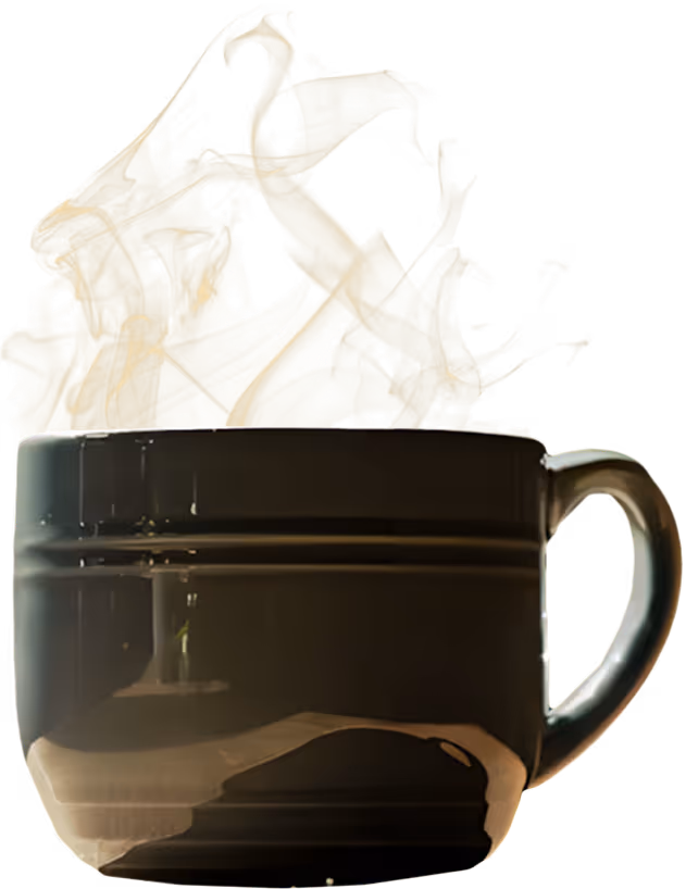 Black coffee cup with splash of liquid rising above the rim on a transparent background.