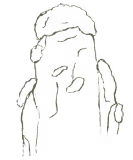 Black-and-white line drawing of a woman wearing glasses and a backpack, waving with her right hand.