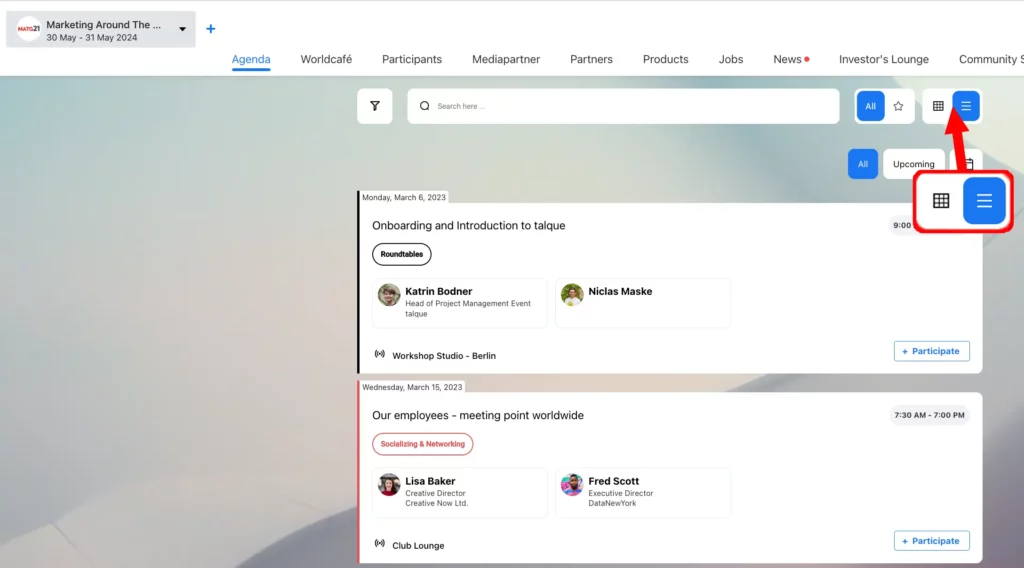 Ansicht der Sessions und Räumlichkeiten