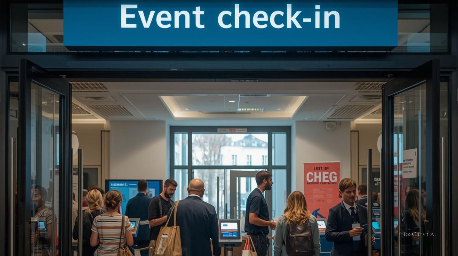 Besucher registrieren sich am Check-In