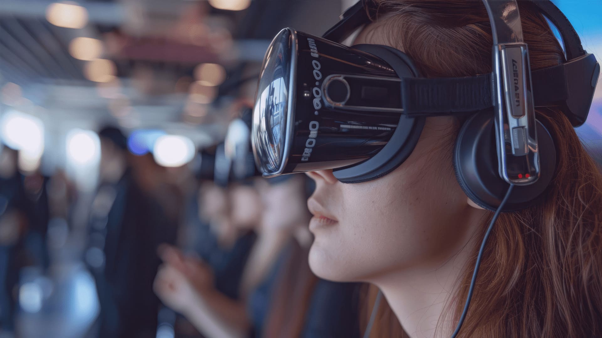 Frau hat Virtual Reality Brille auf.