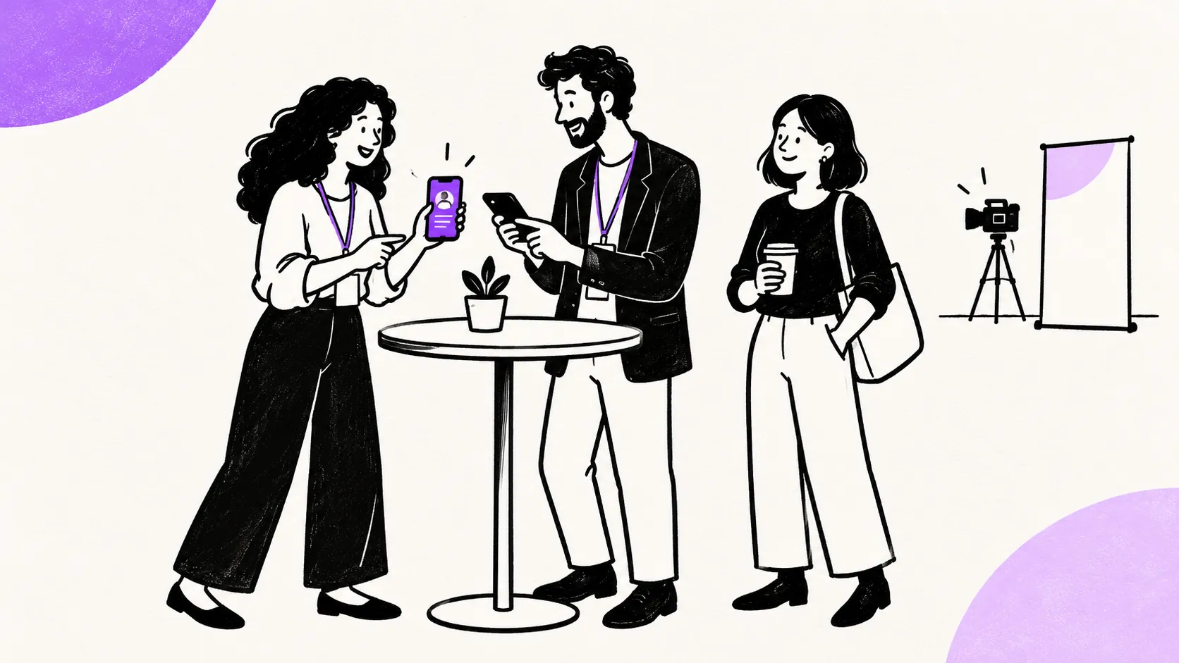 Illustration: Teilnehmende tauschen am Stehtisch Kontakte über die Event-App aus