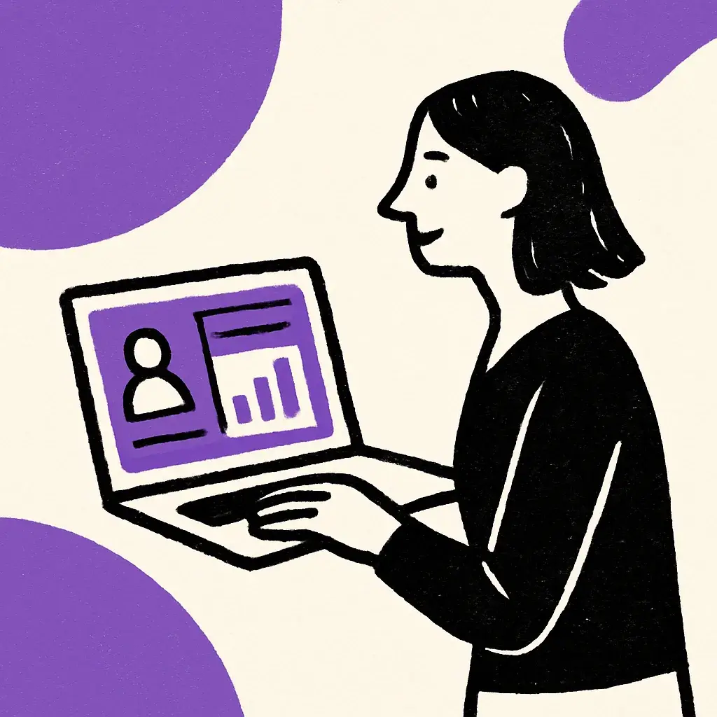 Eine Messeveranstalterin sitzt vor einem Laptop und betrachtet ein Dashboard mit Ausstellerprofilen und Lead-Statistiken.