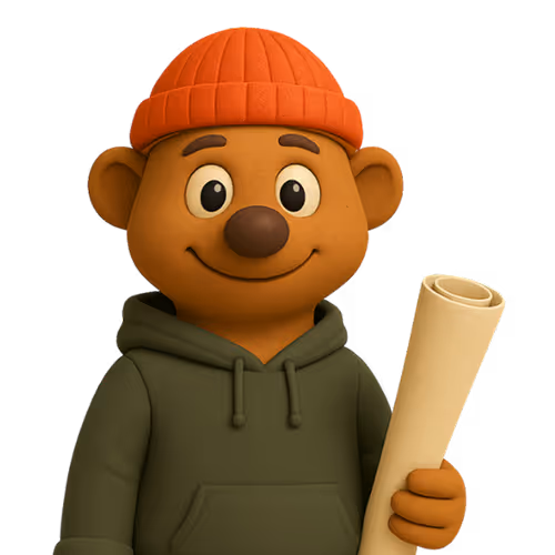 3D-Bärcharakter mit roter Mütze und grünem Hoodie hält gerollten Bauplan.