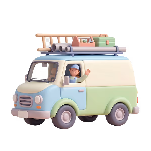 3D-Illustration eines kleinen Transporters mit einem Handwerker, der aus dem Fenster winkt und Werkzeug auf dem Dach.