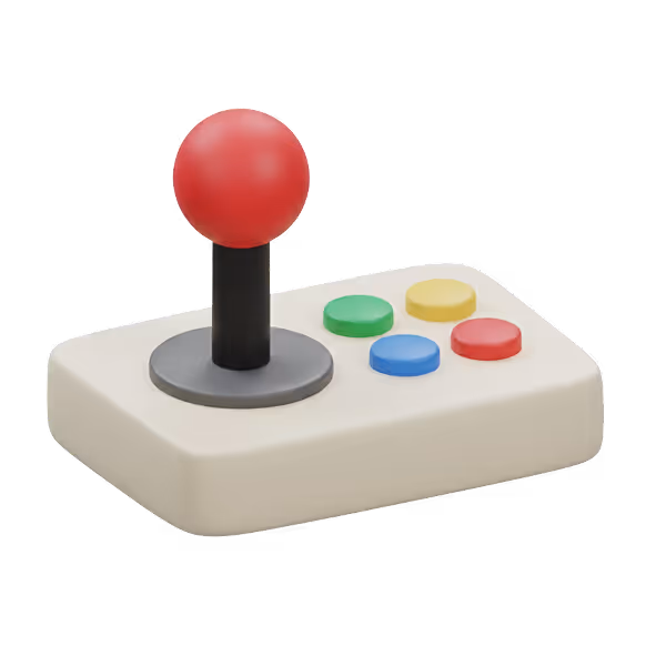 Kleiner Retro-Joystick mit rotem Ballgriff und vier farbigen Tasten auf weißem Gehäuse.