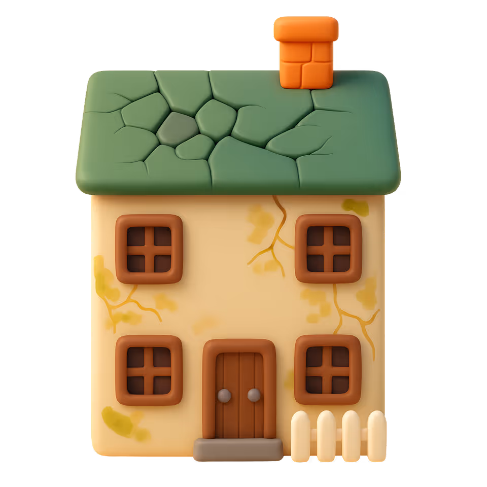 Illustration eines alten Hauses mit grünem, rissigem Dach, vier Fenstern, einer Holztür und kleinem Zaun.
