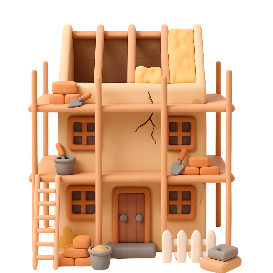 3D-Illustration eines Hauses unter Bau mit Gerüst, Ziegeln, Kelle und Eimern.