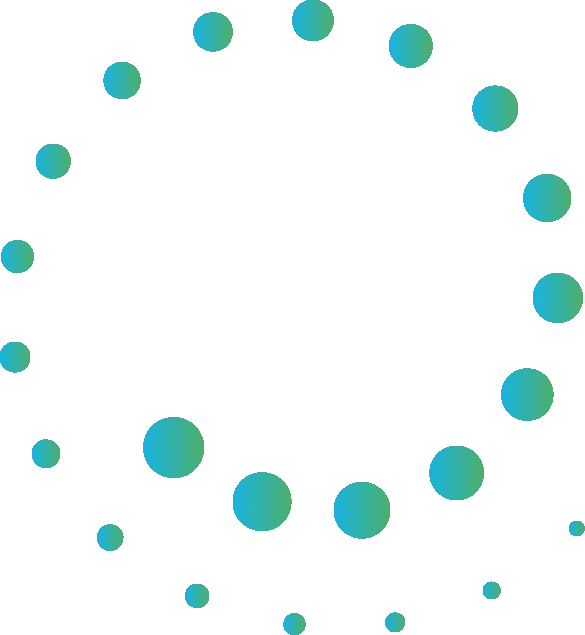 A circular ring of teal dots varying in size to create a sense of rotation.