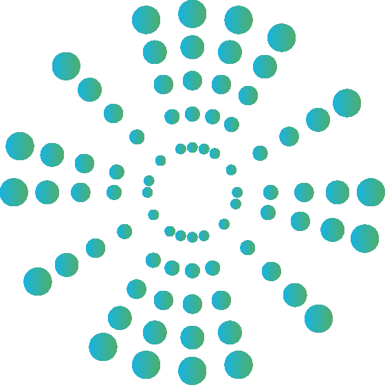 A radial burst pattern of teal dots expanding from a central hollow circle.