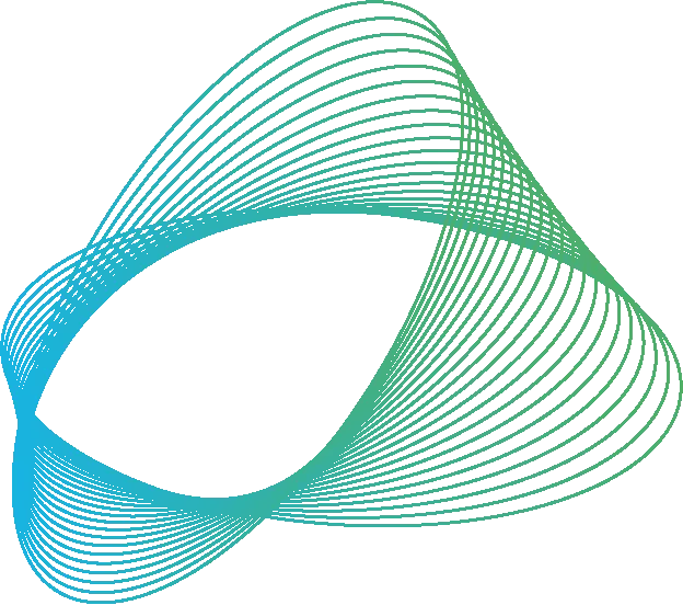 A flowing, twisted 3D ribbon loop rendered in a fine teal line-art gradient.