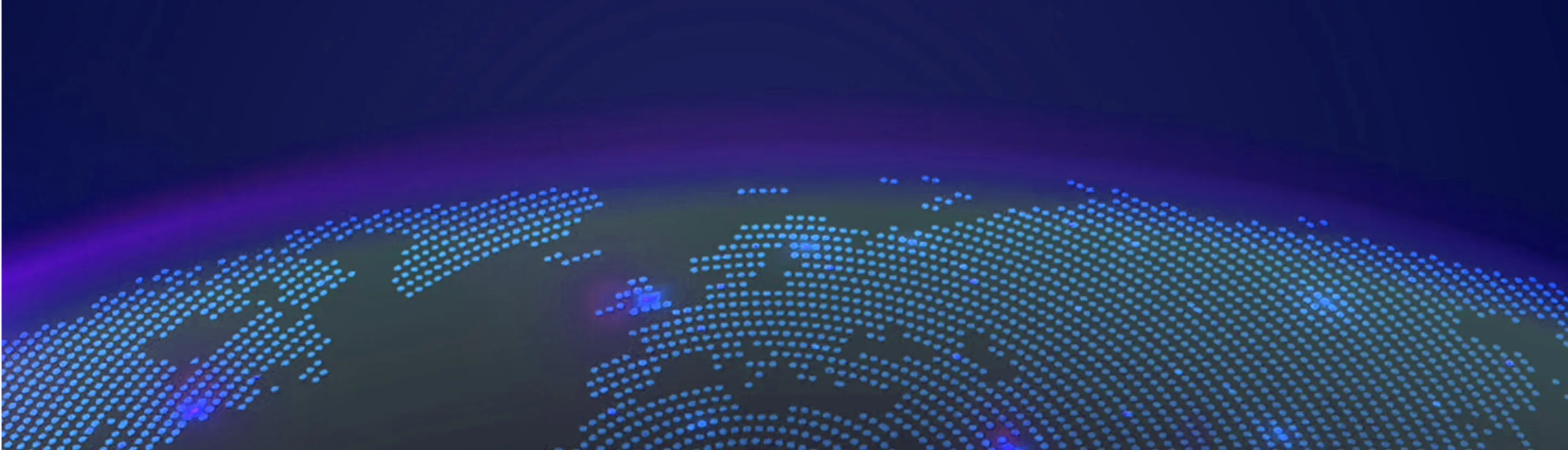 Digital globe displaying Europe and parts of surrounding continents with illuminated blue dots and purple light accents.