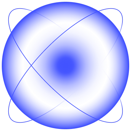 Abstract digital icon featuring a glowing blue spherical shape with orbit-like curves surrounding it on a black background.
