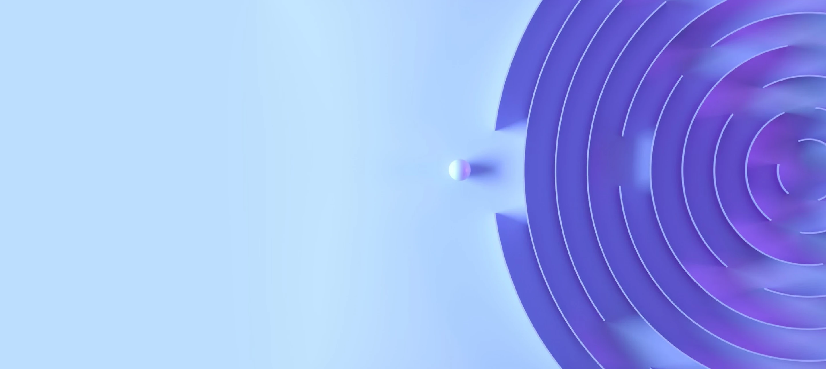 Light blue 3D abstract background with a small glowing sphere casting shadows onto concentric purple circular ridges on the right.