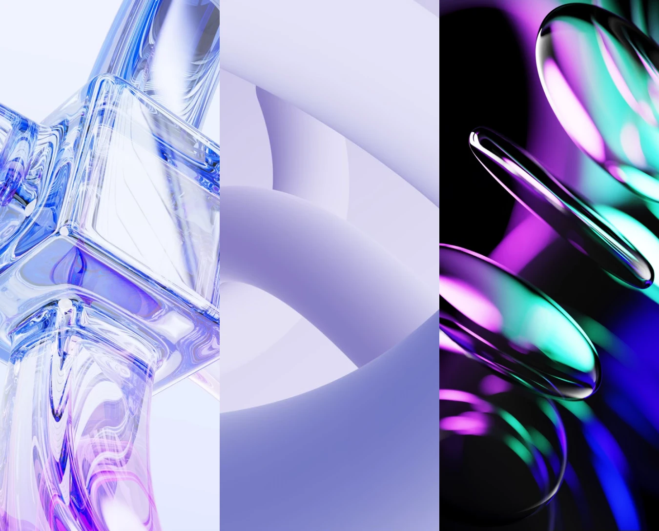 Abstract 3D shapes with transparent glass cube, smooth pale purple twisted rings, and colorful glowing oval forms on dark background.