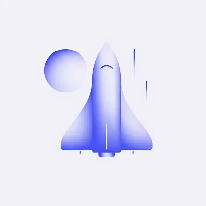 Blue stylized rocket ship launching with a round shape resembling a planet or moon to the left.