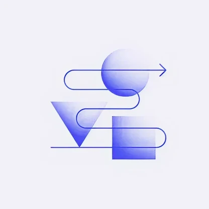 Abstract illustration with a blue circle, triangle, and square connected by a curved arrowed line representing process flow.