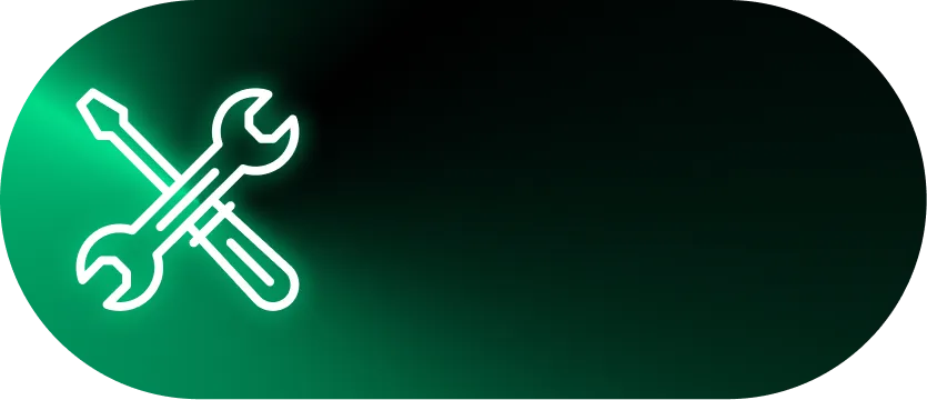 White outline icons of a crossed wrench and screwdriver on a green glowing oval background.