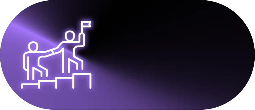 Icon of two people on steps, with one person helping the other up and holding a flag, glowing purple on a dark purple background.