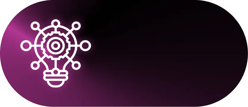 White line icon of a light bulb with interconnected nodes and a gear inside on a purple-black gradient background.