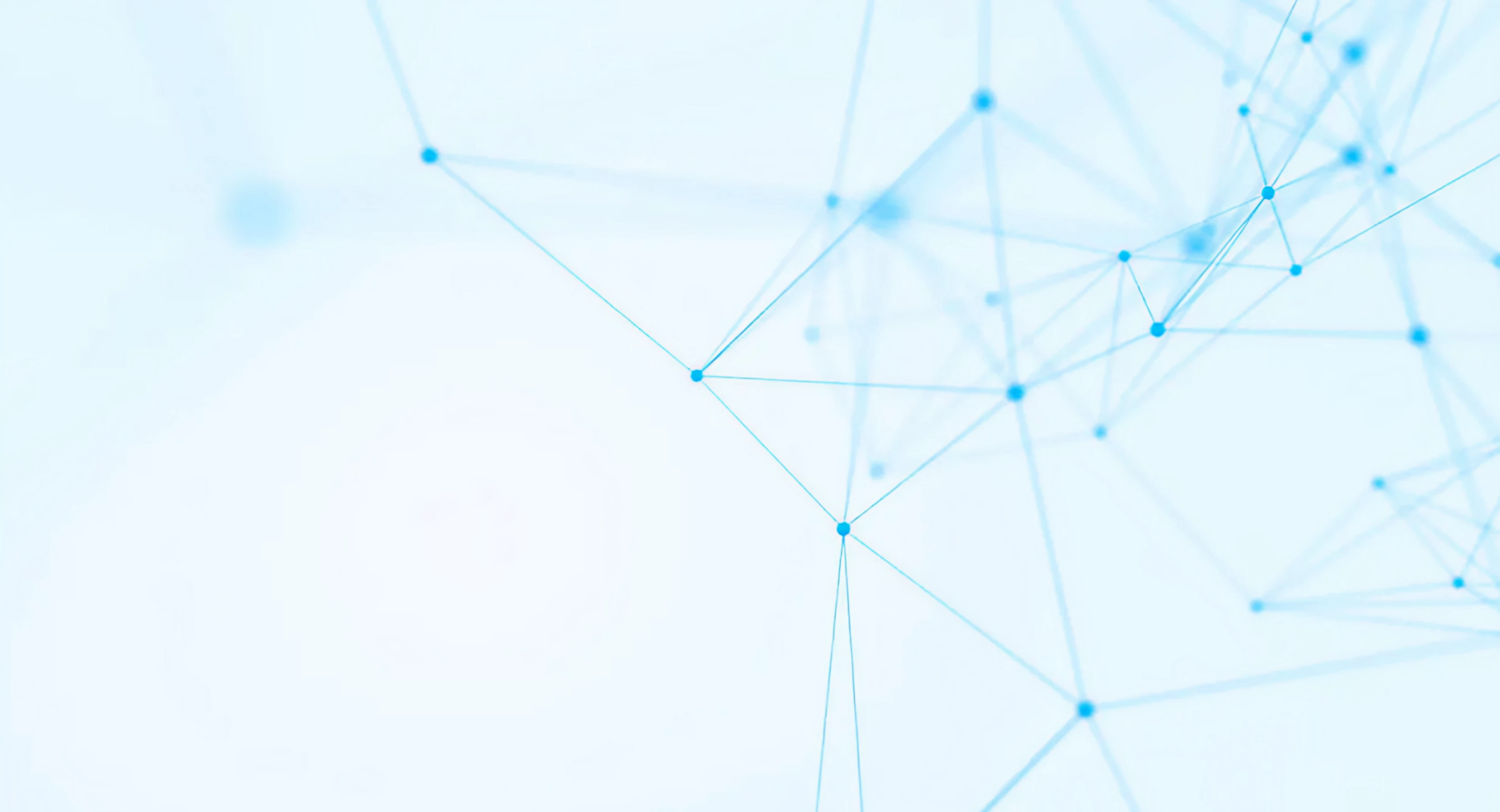 Abstract digital network with interconnected blue nodes and lines on a light background.