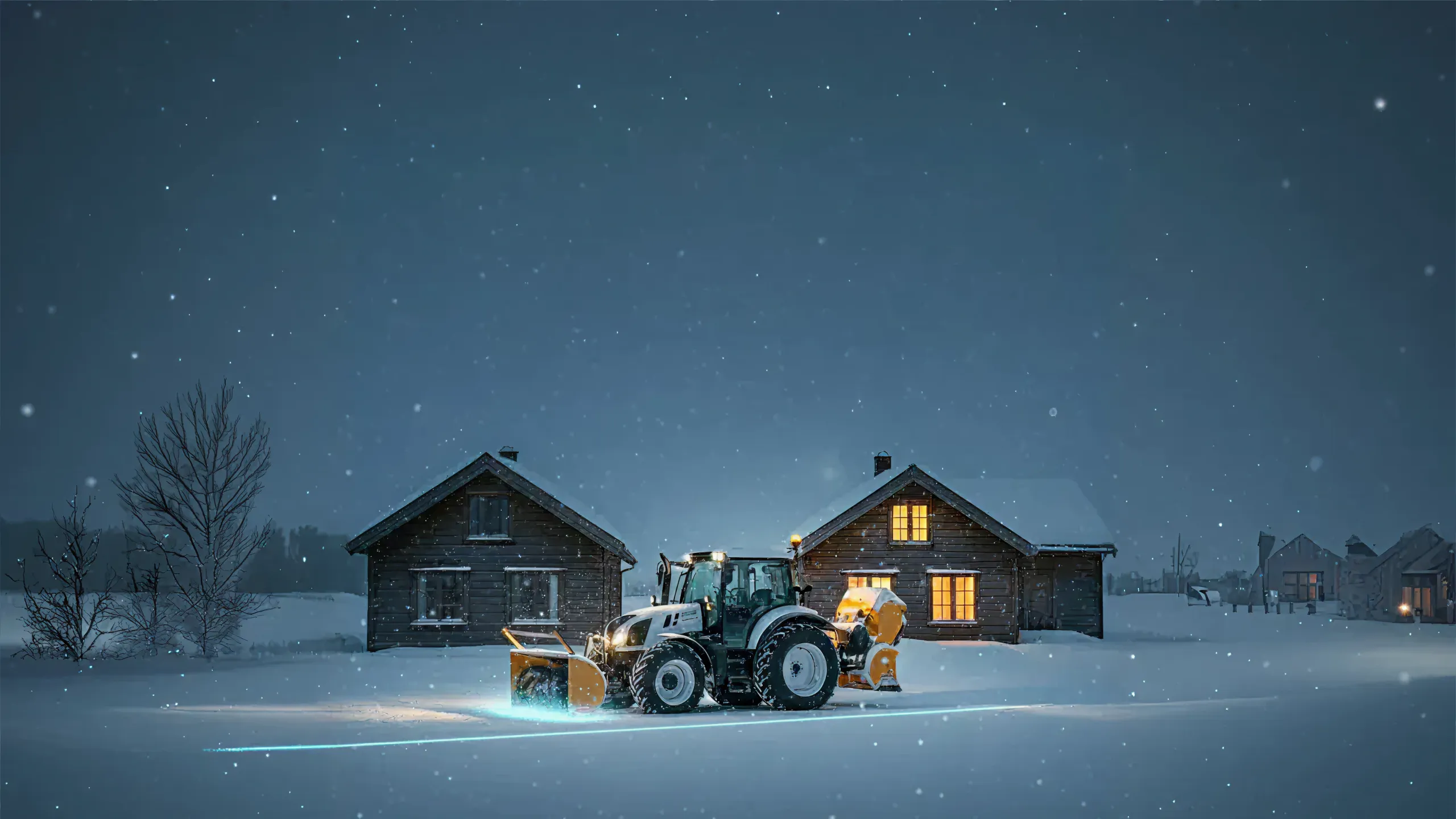 Traktor med brøyteskjær rydder snø foran to opplyste hytter en vinterkveld.