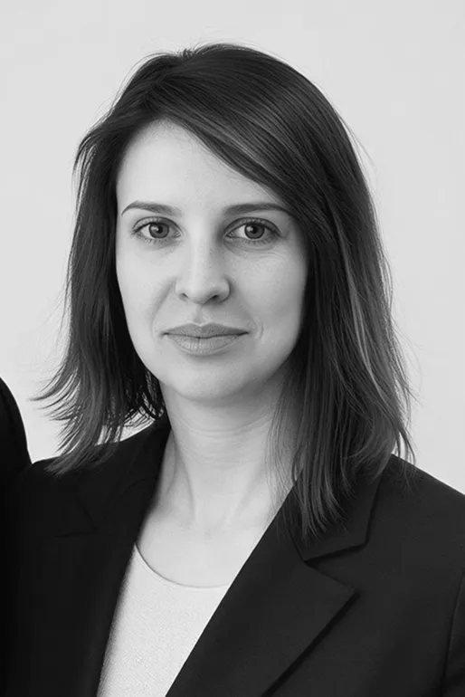 Black and white portrait of a woman with shoulder-length hair wearing a blazer and light-colored shirt.
