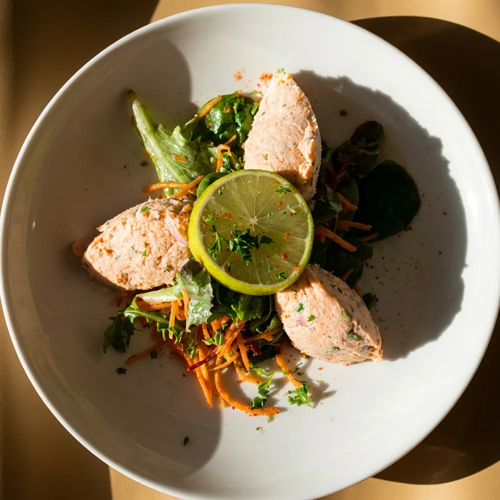 Plat garni de trois quenelles de saumon, de feuilles vertes, de julienne de carottes et d'une tranche de citron vert au centre.