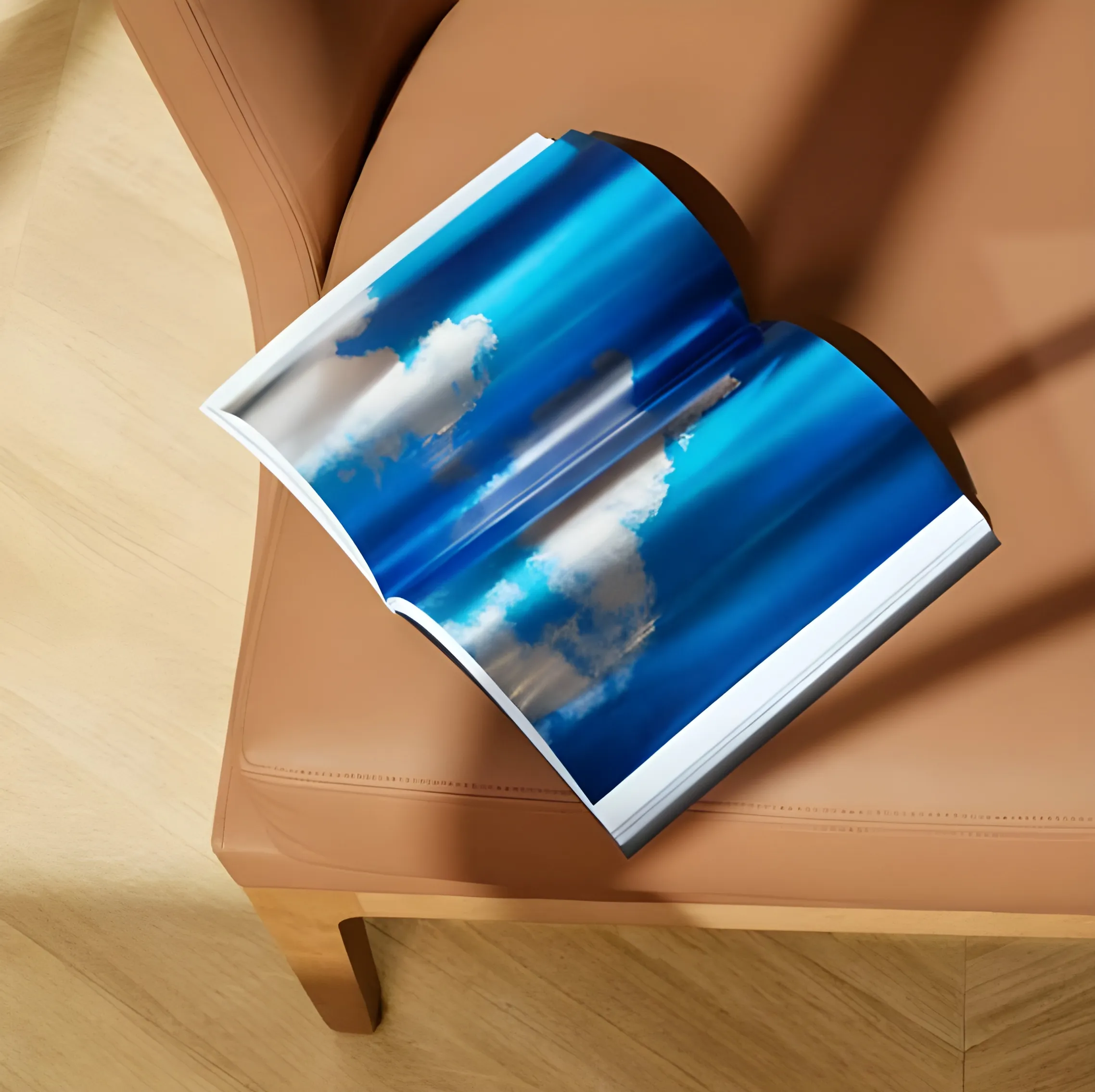 Magazine ouvert sur un canapé en cuir marron, affichant une image de ciel bleu avec des nuages blancs.