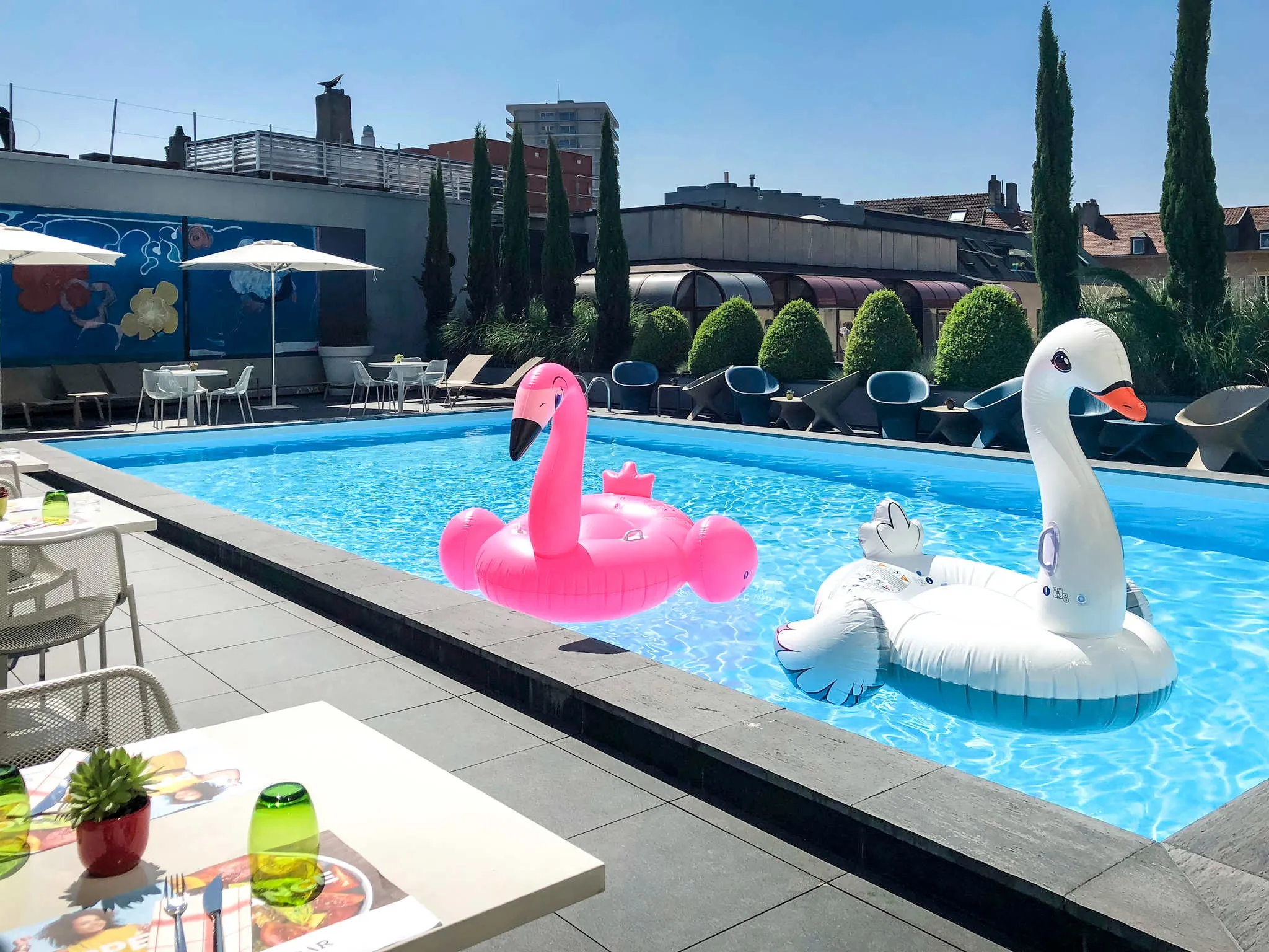 Vue sur la piscine avec une bouée en flamant rose
