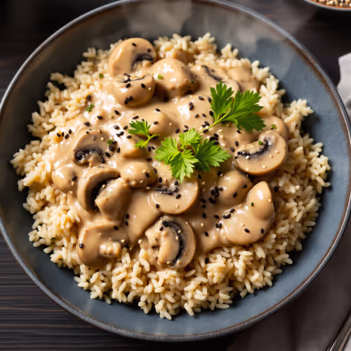 Bol de riz brun garni de champignons à la crème, parsemé de graines noires et décoré de feuilles de coriandre.