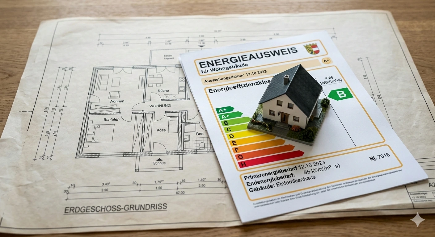 Einige Unterlagen, wie einen Grundriss und einem Energieausweis, der beim Verkauf einer Immobilie verpflichtend ist.