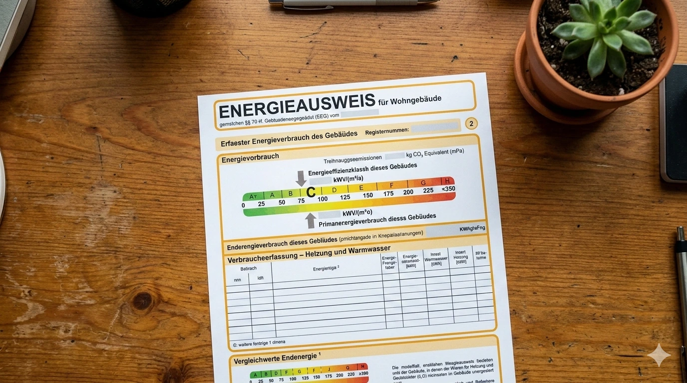 Auf einem Schreibtisch liegt ein Energieausweis, auf dem die Skala der Energieeffizienzklasse zu erkennen ist.