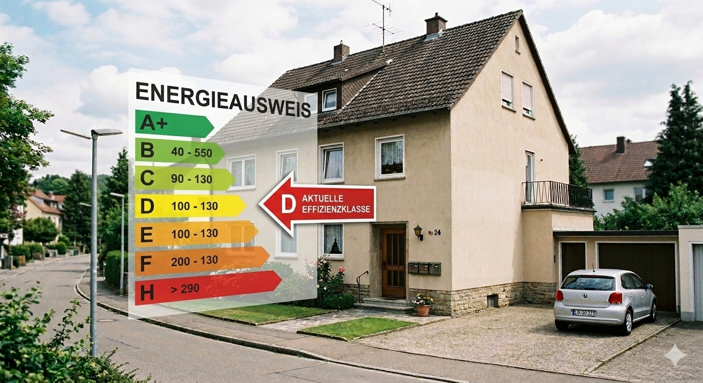Energieskala eines älteren Mehrfamilienhauses mit Hofeinfahrt und kleiner Garage.