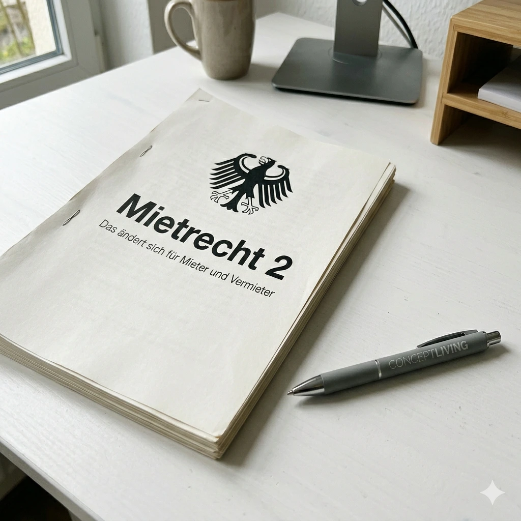 Ein weißes Dokument mit der Aufschrift Mietrecht 2 – Das ändert sich für Mieter und Vermieter liegt auf einem weißen Tisch, daneben ein Kugelschreiber der Concept Living GmbH.