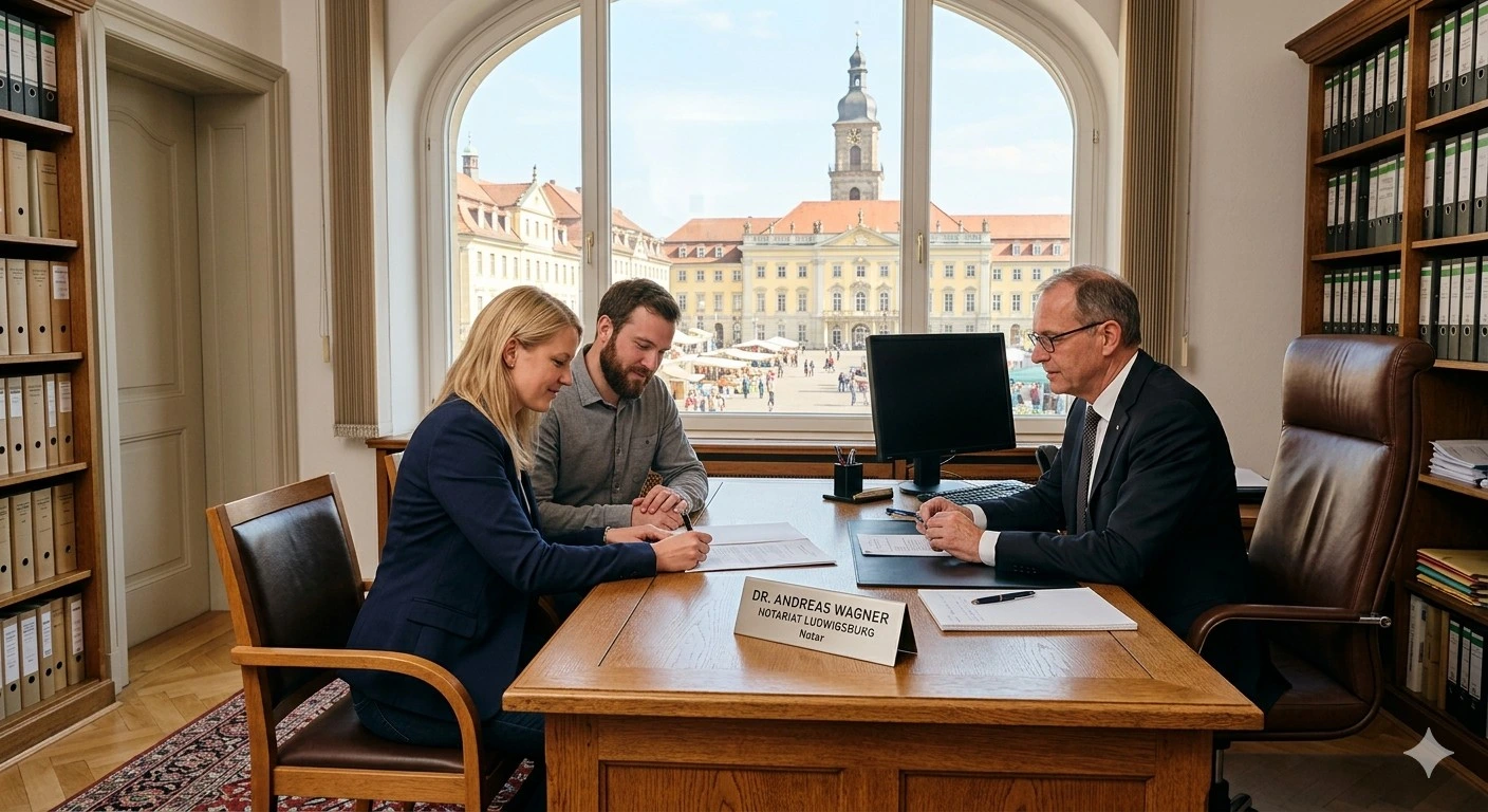 Ein Ehepaar sitzt beim Notar in Ludwigsburg, im Hintergrund ist das Schloss zu sehen, sie sprechen über die Notarkosten beim Hauskauf