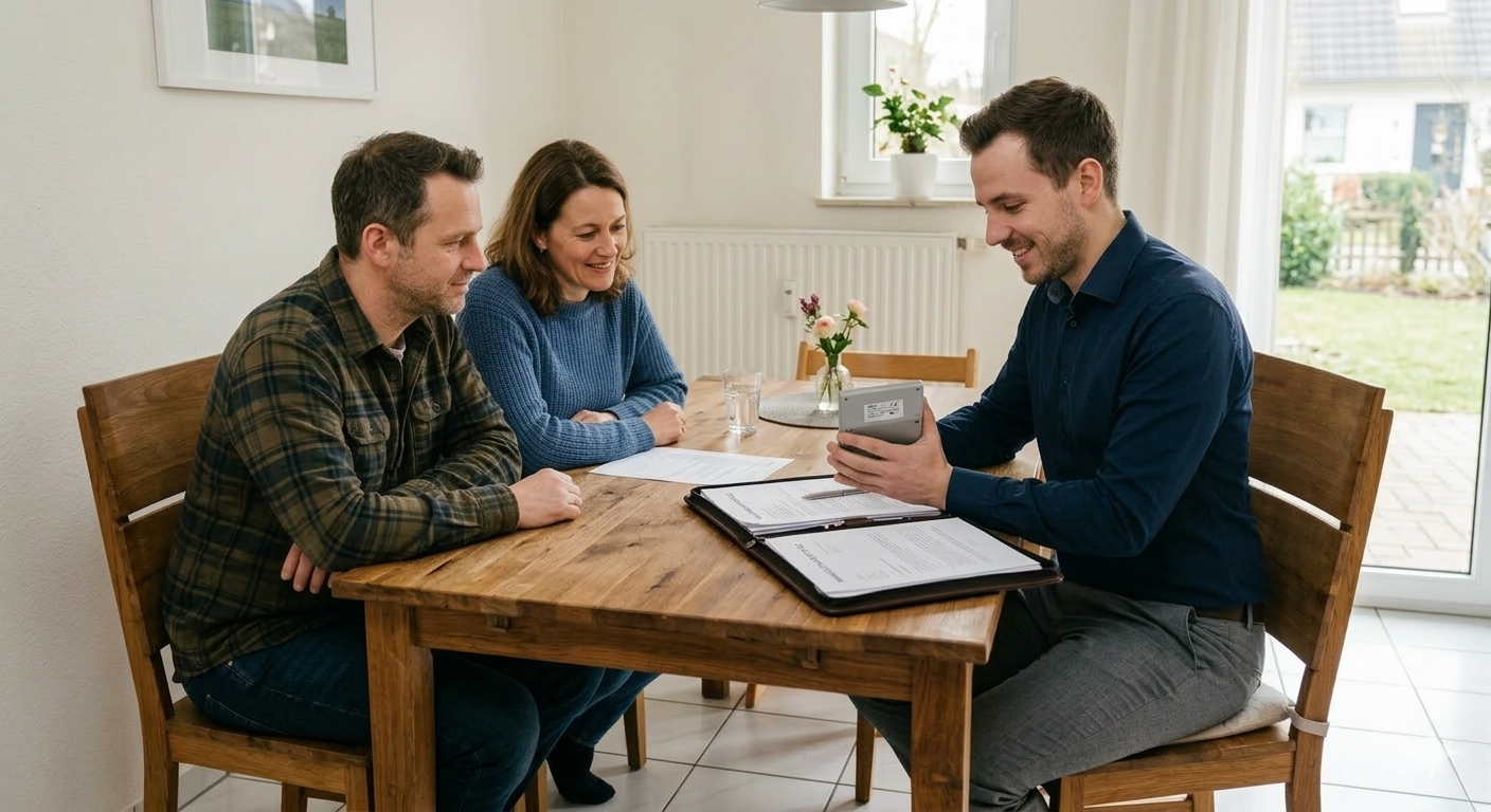 Wertermittlung einer Immobilie durch einen professionellen Immobilienmakler im Esszimmer eines Ehepaars.