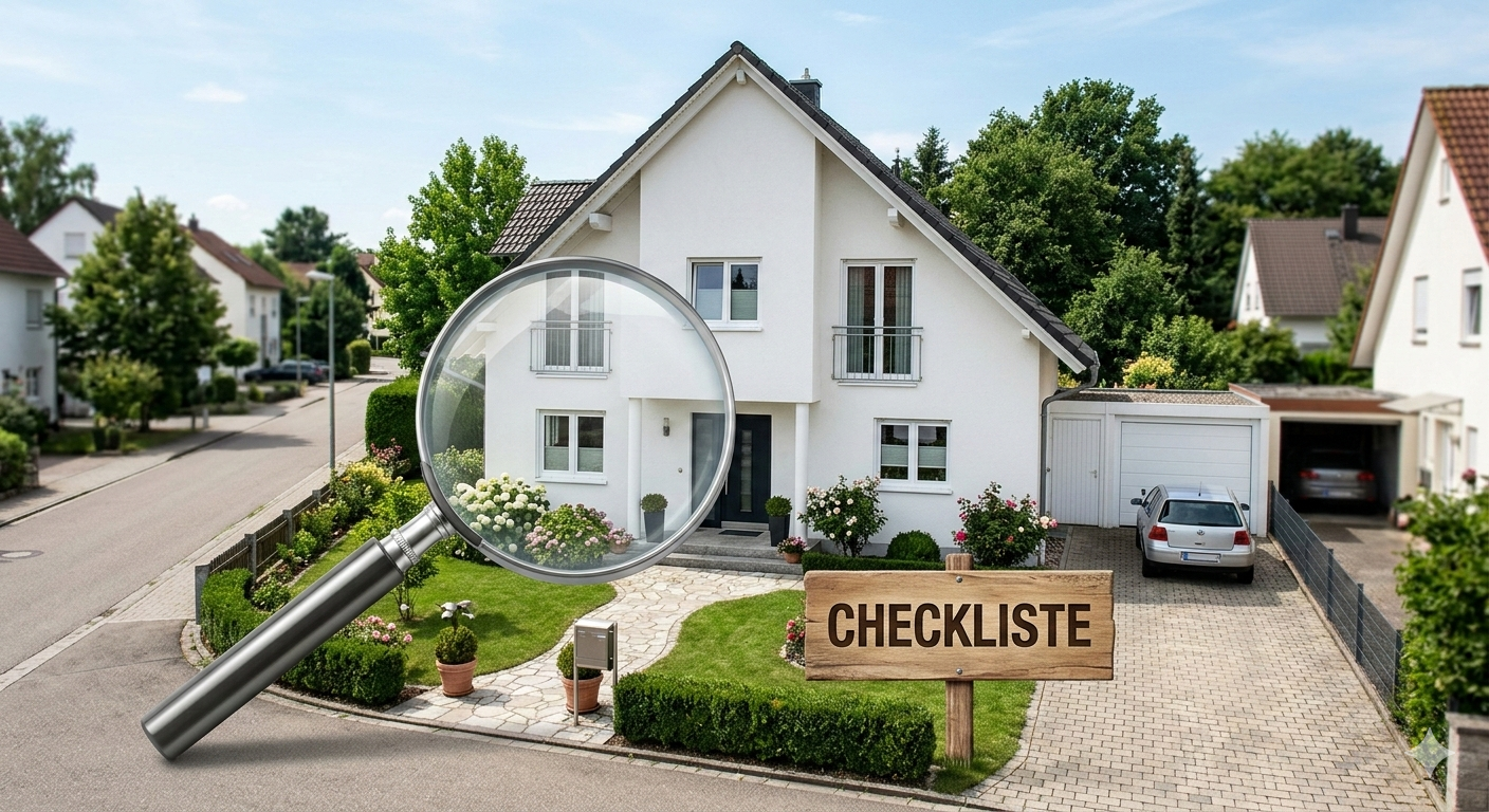 Faktoren für die Wertermittlung einer Immobilie anhand eines Einfamilienhauses in einer ruhigen Wohnlage mit Garage, Hofeinfahrt und gepflegtem Vorgarten.