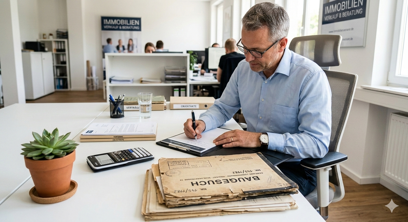 Ein Makler arbeitet sich durch Unterlagen zur Immobilienbewertung, sitzt dabei an einem Bürotisch mit einer Zimmerpflanze und vielen Unterlagen und Dokumenten eines Hauses.