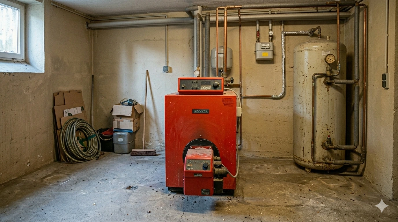 Alte Heizungen – wann müssen sie ersetzt werden? Eine alte rote Gas-Heizung in einem Kellerraum mit altem Warm-Wasser-Kessel.