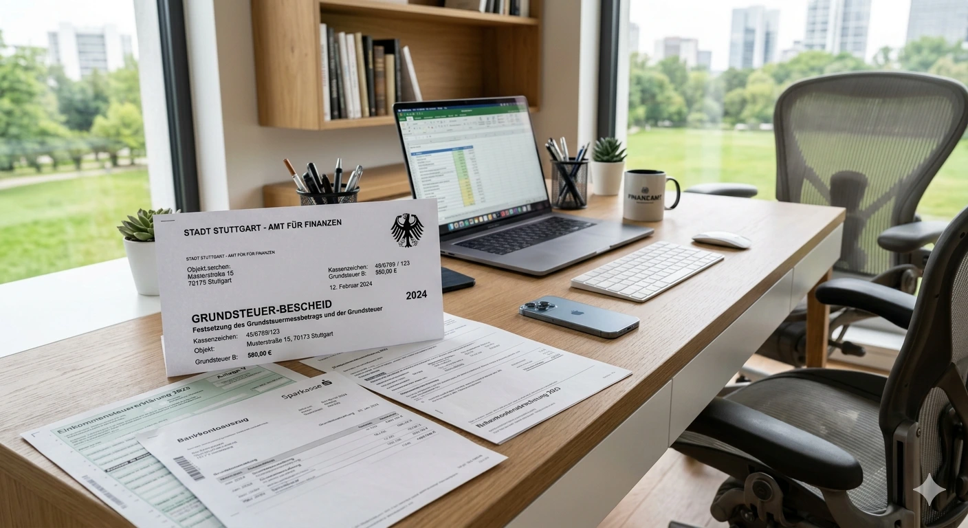 Auf einem Schreibtisch liegt ein Grundsteuerbescheid vom Finanzamt Stuttgart nebenan steht ein Laptop. Große Fenster blicken in einen großen Park.