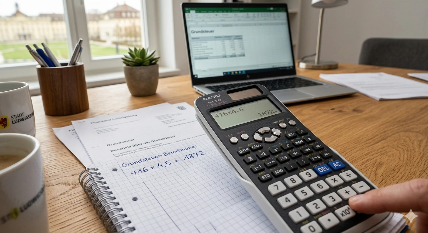 Auf einem Schreibtisch liegt ein Grundteuerbescheid, darüber ein Notizzettel mit einer Berechnung und einem Taschenrechner.