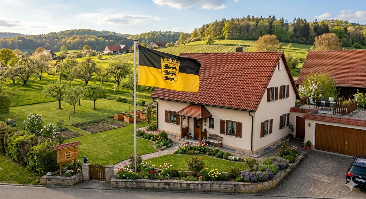 Ein großes Einfamilienhaus mit Großraumgarage und Blick auf den Weinberg mit einer großen Flagge des Landes Baden-Wrttemberg im Vorgarten