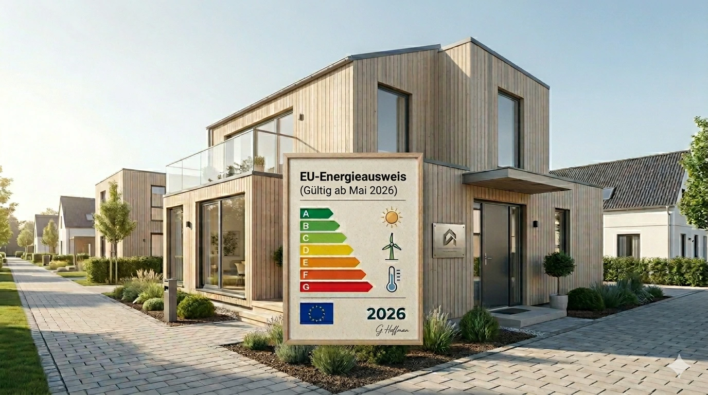 Neuer EU-Energieausweis mit Gültigkeit ab Mai 2026 vor einem modernen Holzhaus in einer Neubausiedlung.