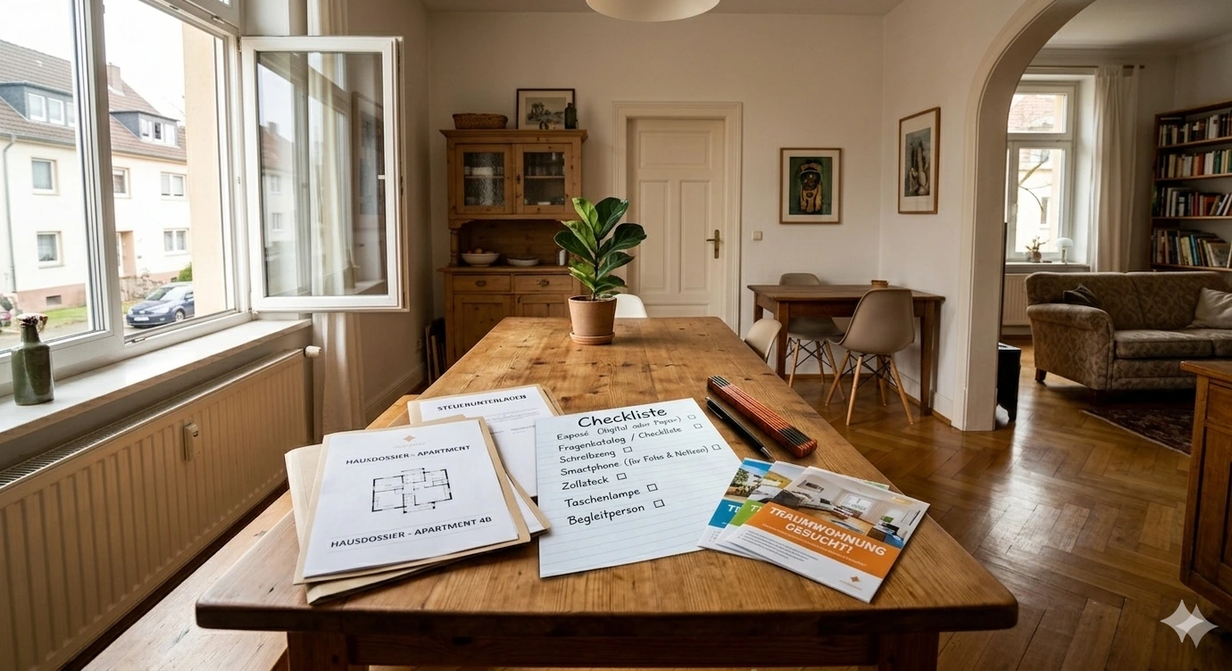 Blick auf Details zur Vorbereitung der Besichtigung. Unterlagen, Checkliste, Pläne und Exposé liegen auf einem Holztisch im Esszimmer.