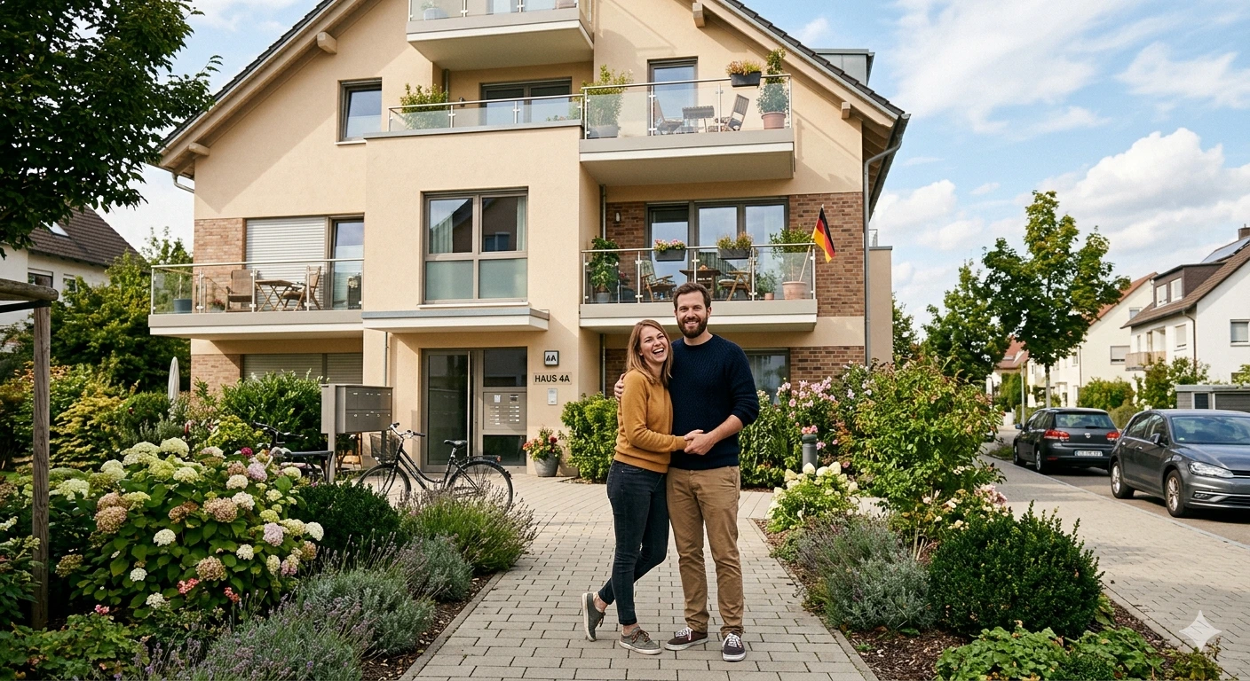 Ansicht eines Mietshauses mit mehreren Parteien. Davor ein Paar das zufrieden mit dem Erwerb der Mietswohnung als Kapitalanlage ist.