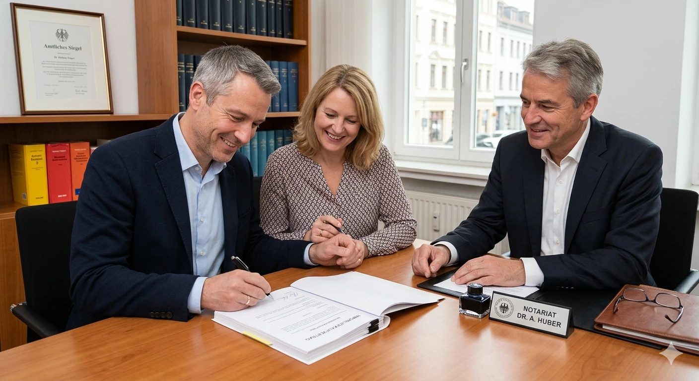 Notartermin für ein Hauskauf. Ein Ehepaar, das bei einem Notar im Büro sitzt und einen Kaufvertrag unterzeichnet