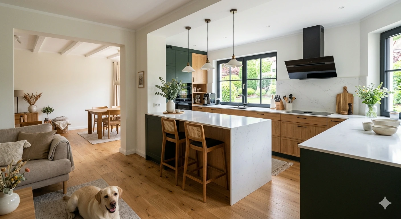 Eine moderne Küche in einem großen offenen Wohn- und Esszimmer mit Holzboden und einem Golden Retriever auf dem Teppich