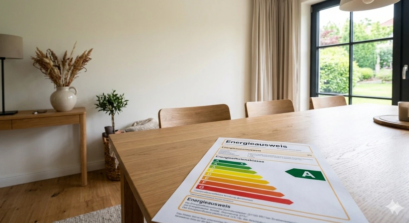 Ein Energieausweis eines modernisierten Hauses liegt auf einem Esstisch mit Blick un den Garten.