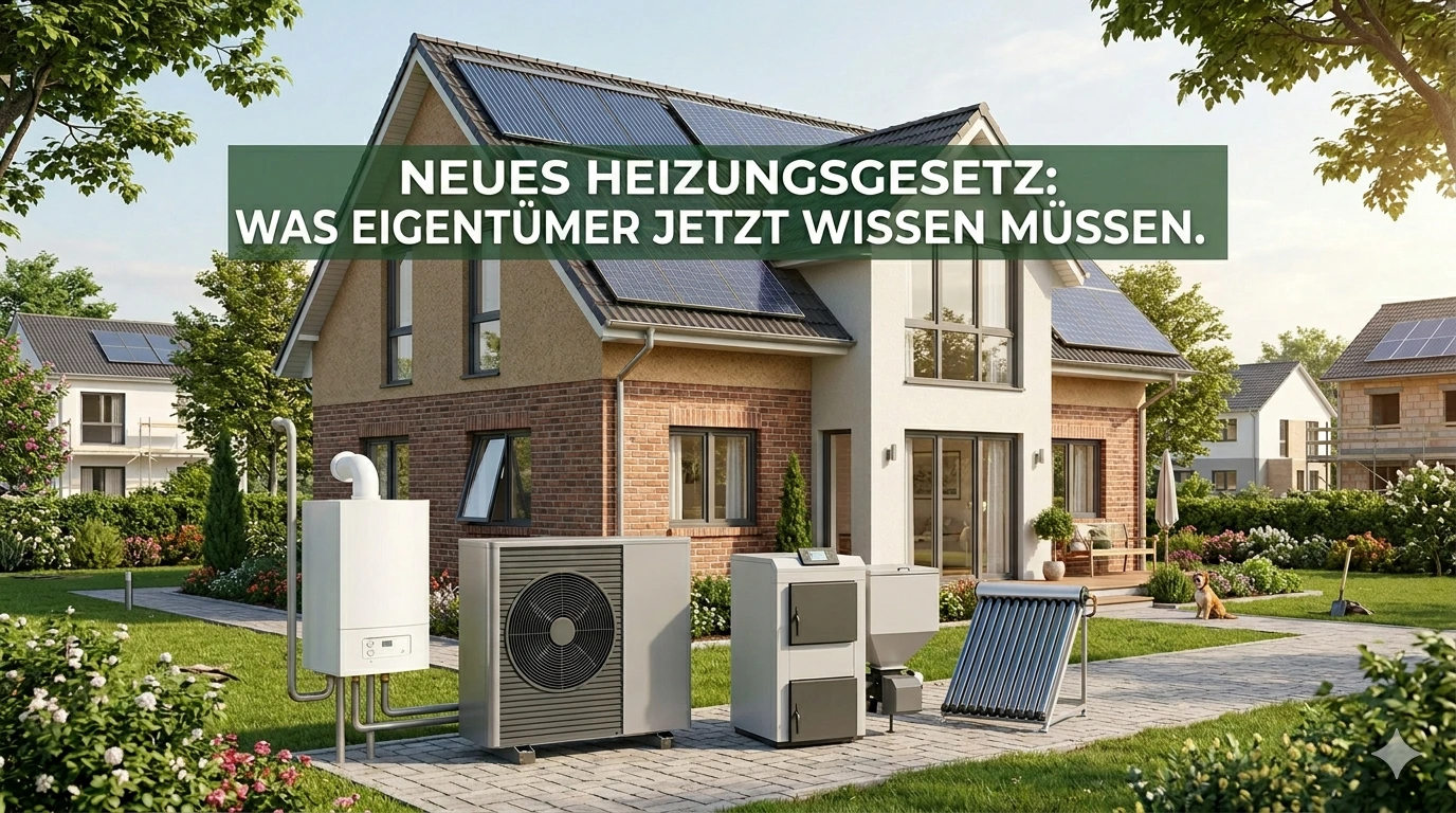 Mehrere unterschiedliche Heizungsarten vor einem Haus.